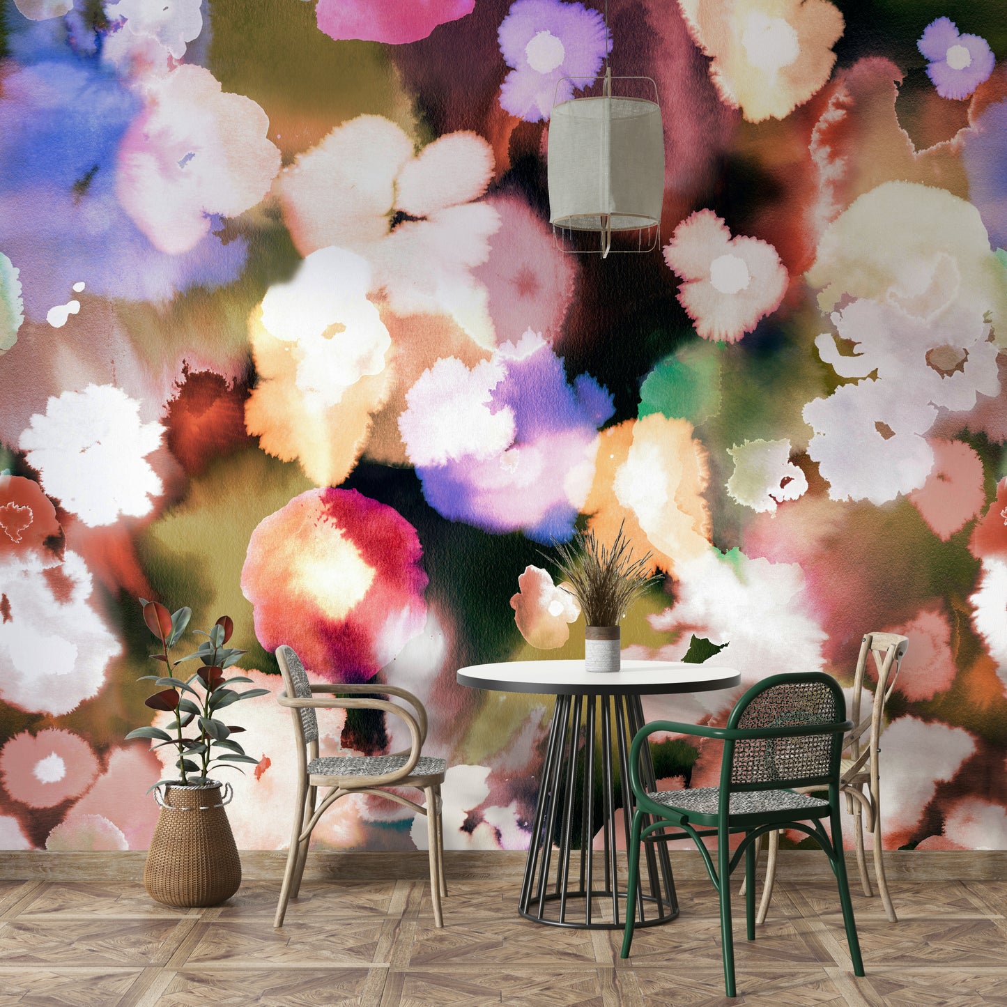 Vivid flower wall mural with artistic sunset style

