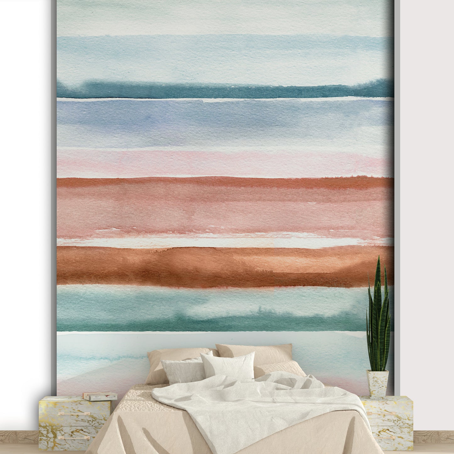 Muted abstract lines mural in soothing tones

