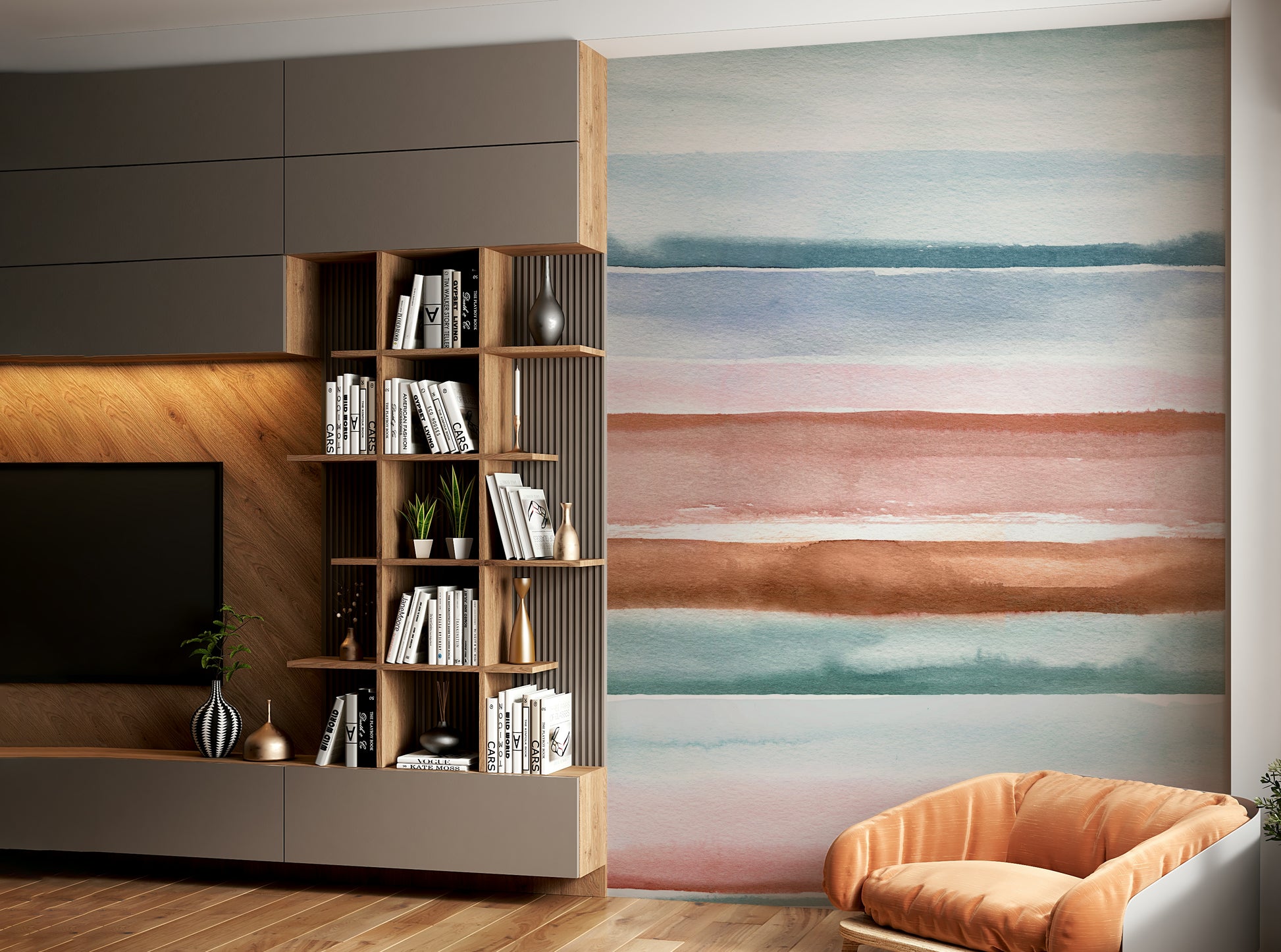 Abstract wall mural with calming striped pattern


