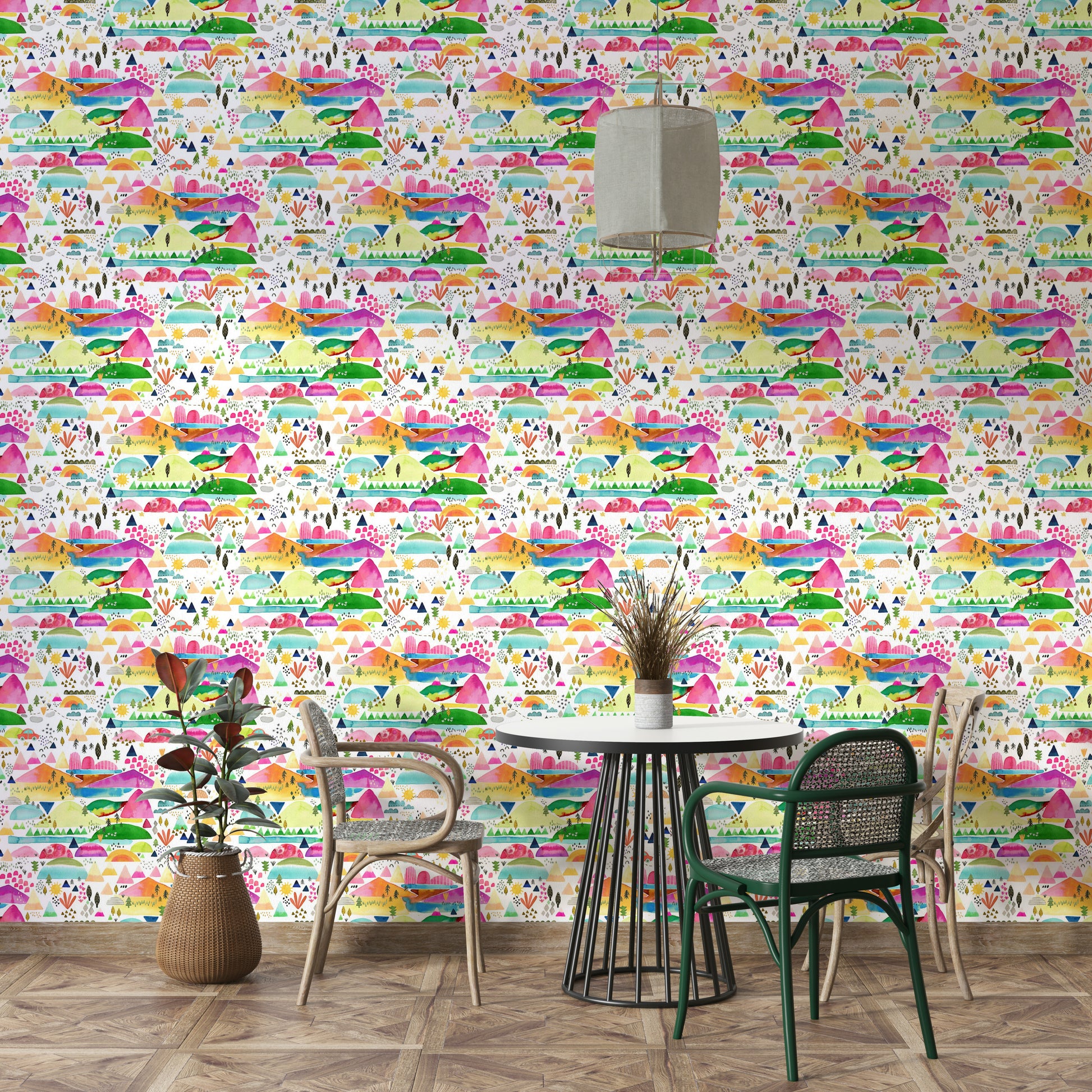 Cartoon mountains and trails on kids’ wallpaper

