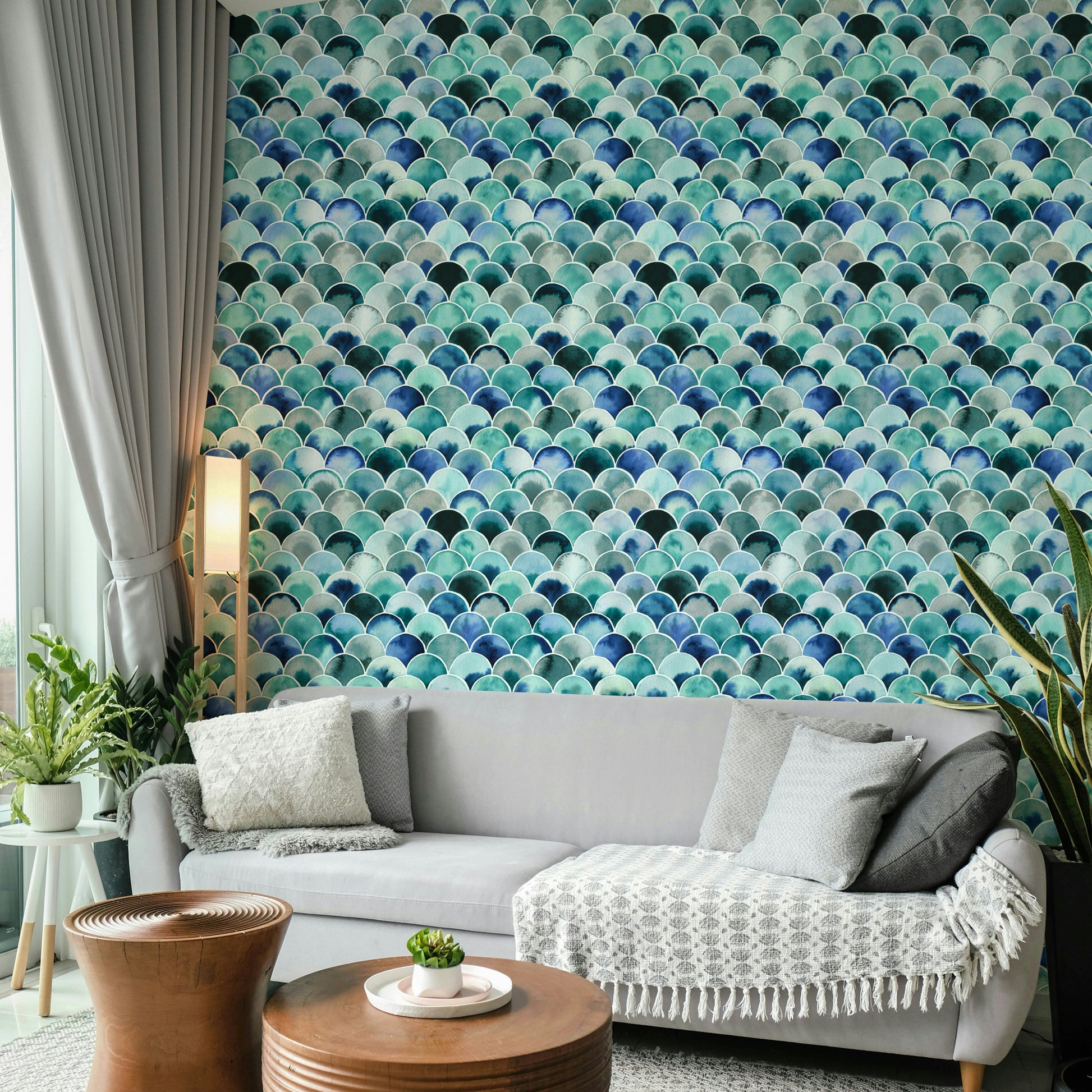 Blue vintage-inspired Japandi wallpaper pattern

