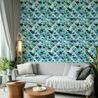 Blue vintage-inspired Japandi wallpaper pattern

