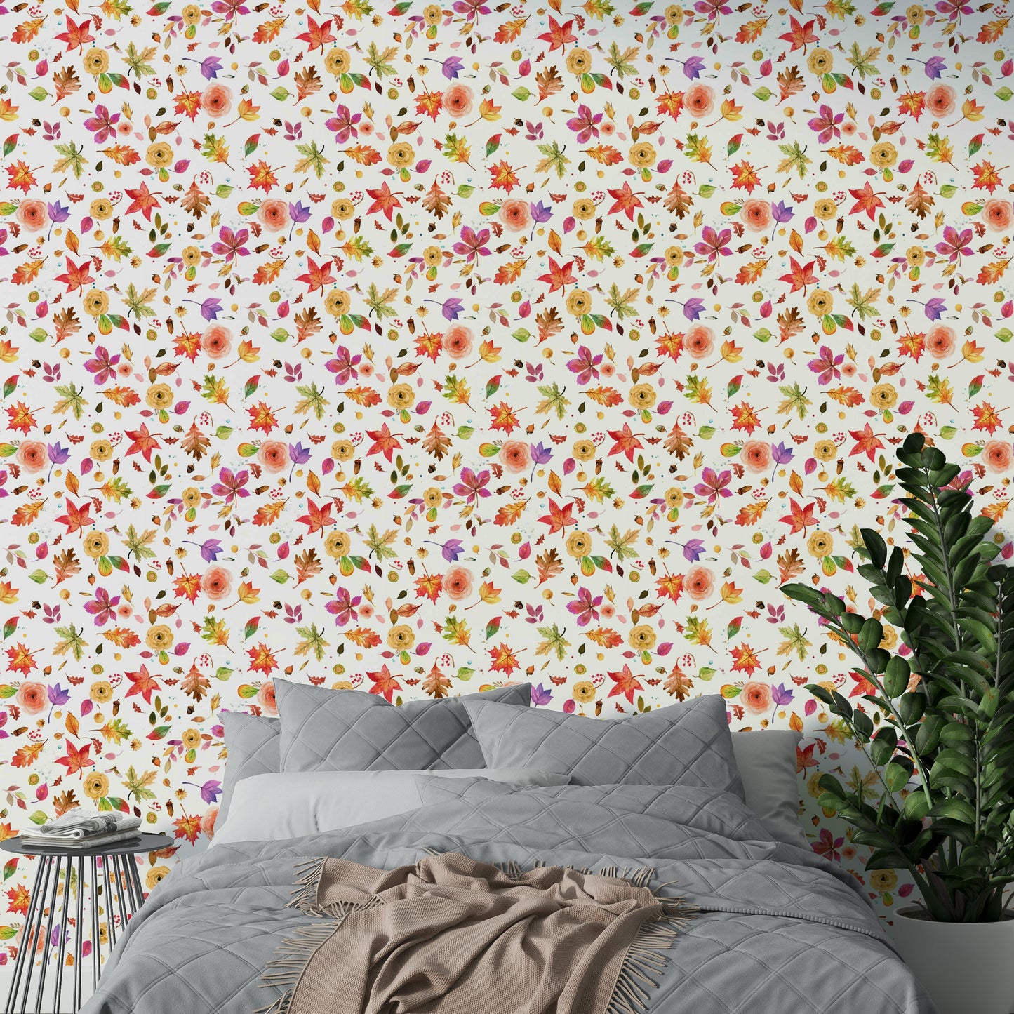 Botanical fall scene wallpaper with leaves and florals

