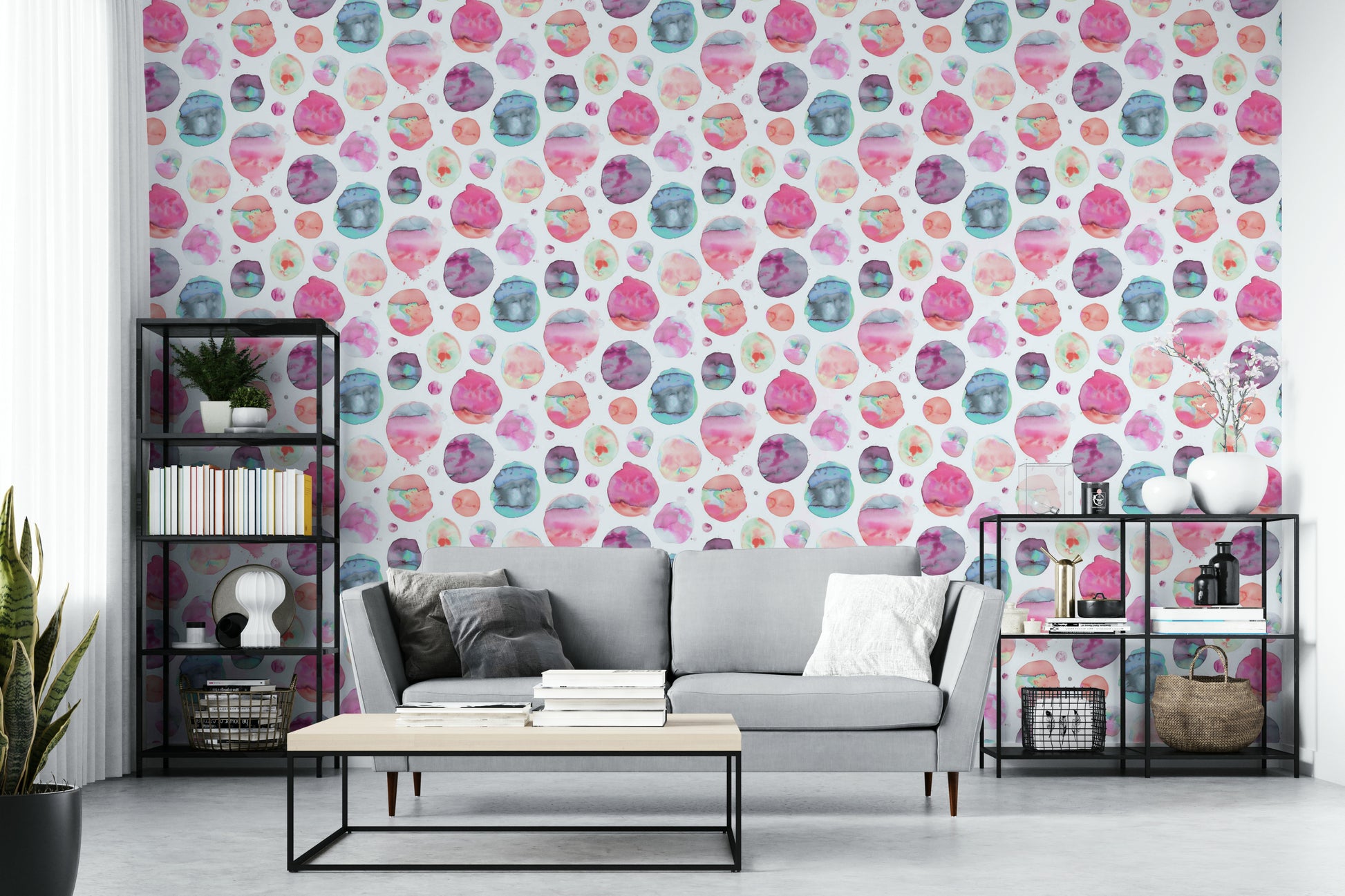 Abstract pink wallpaper with round watercolor shapes

