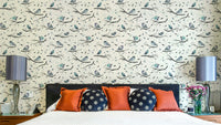 Aqua blue wallpaper with robin birds on branches

