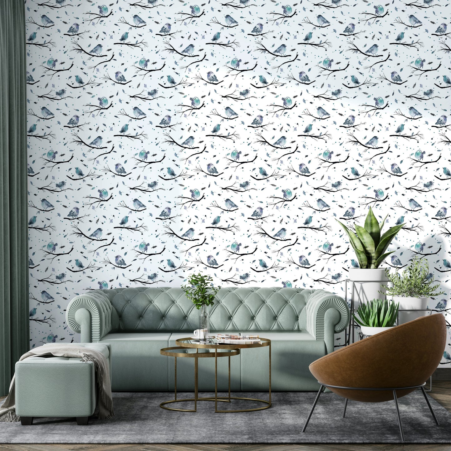 Birds and branches motif in aqua blue tones

