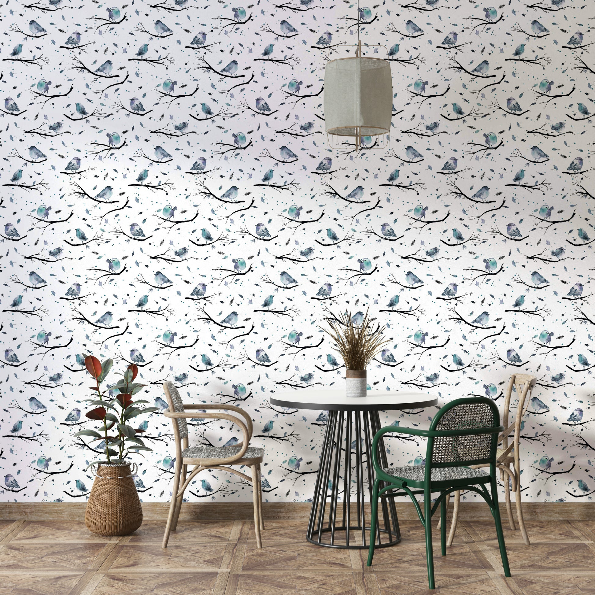 Cozy cottage-style wallpaper with birds and trees

