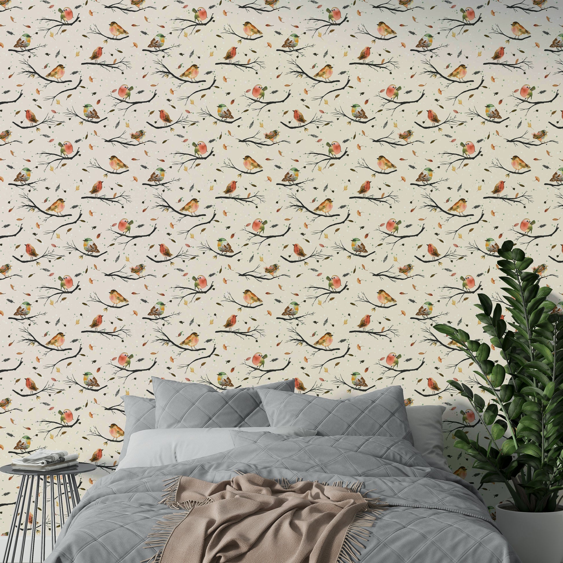 Wallpaper featuring robins perched on branches

