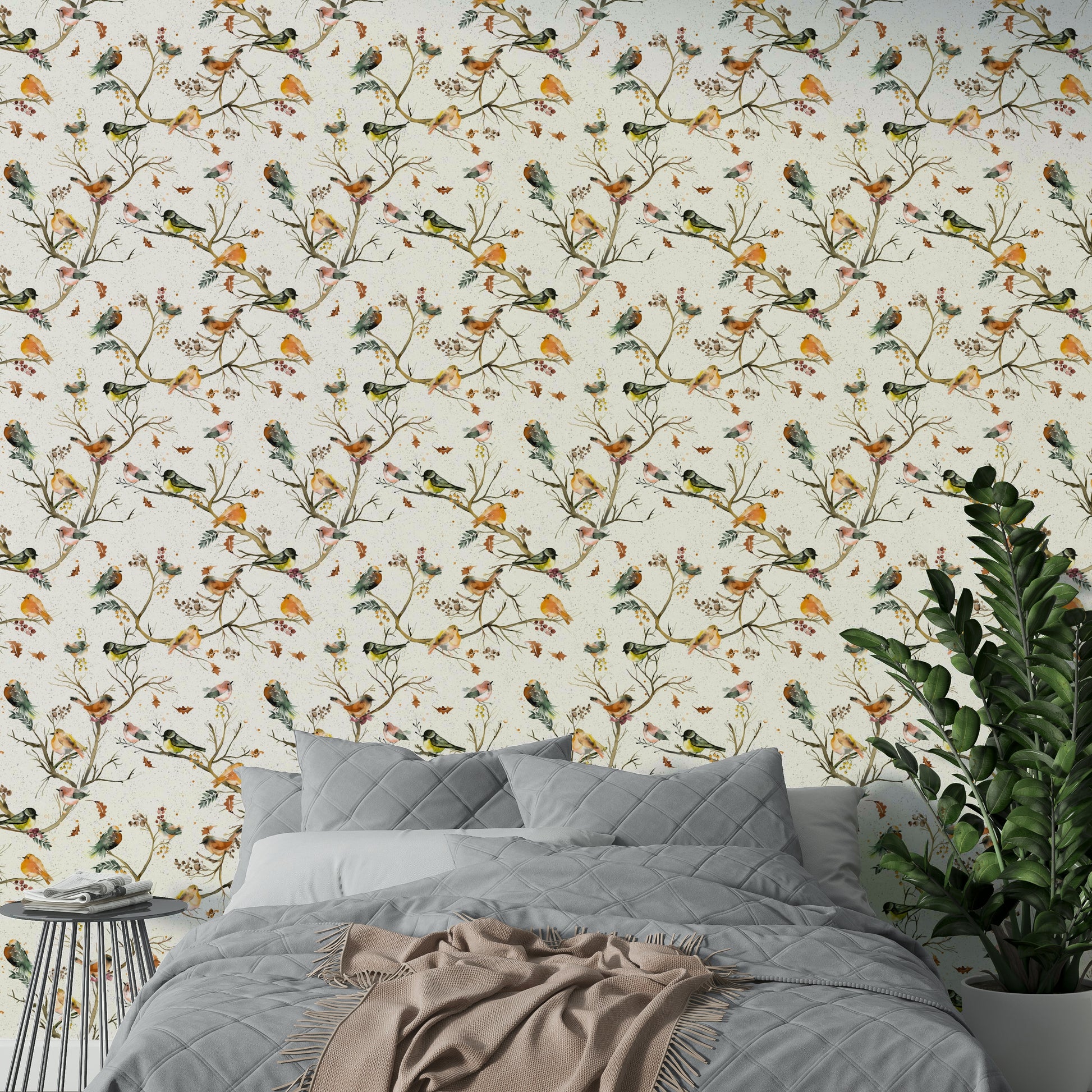 Bird and tree pattern wallpaper in forest tones

