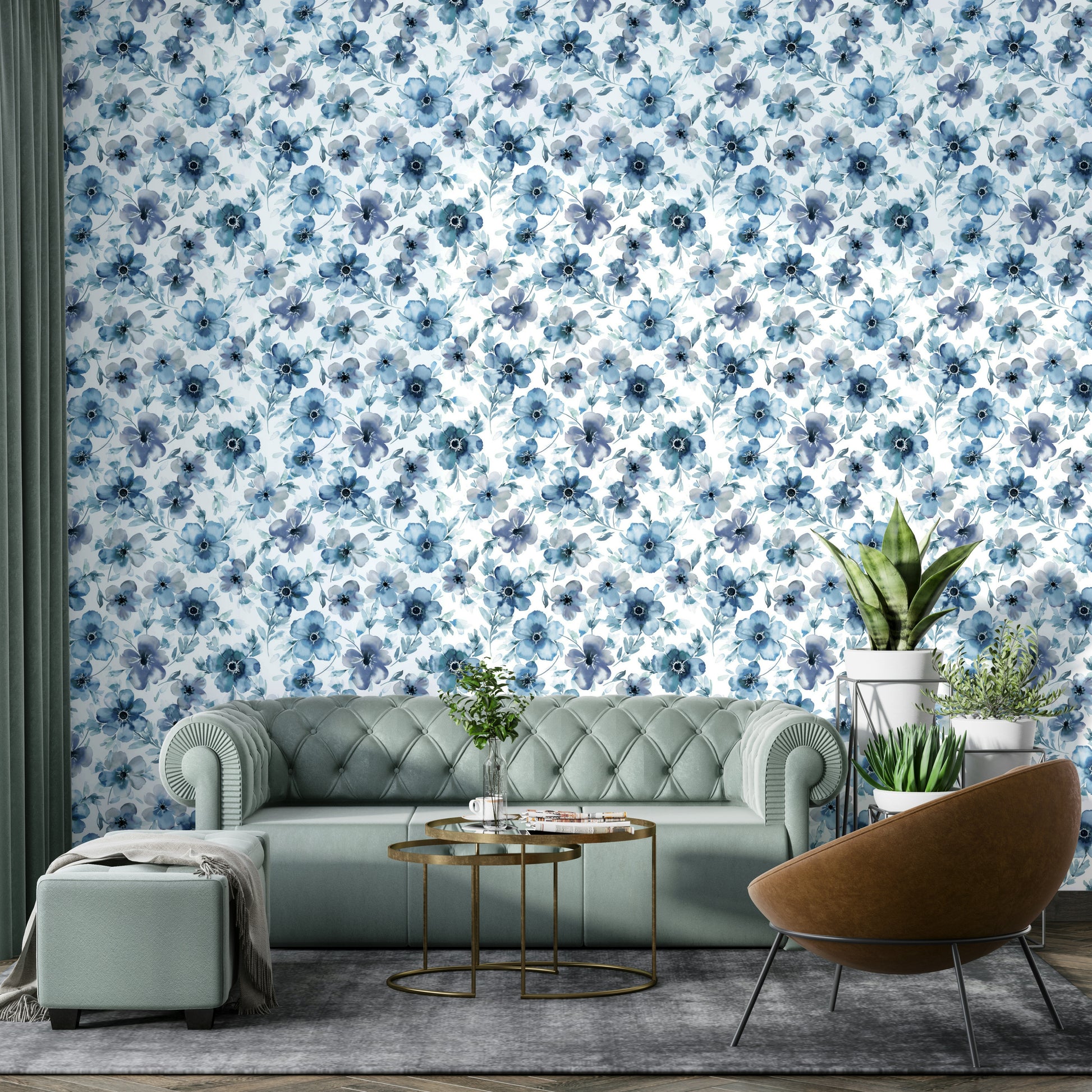 Delicate blue floral pattern wallpaper

