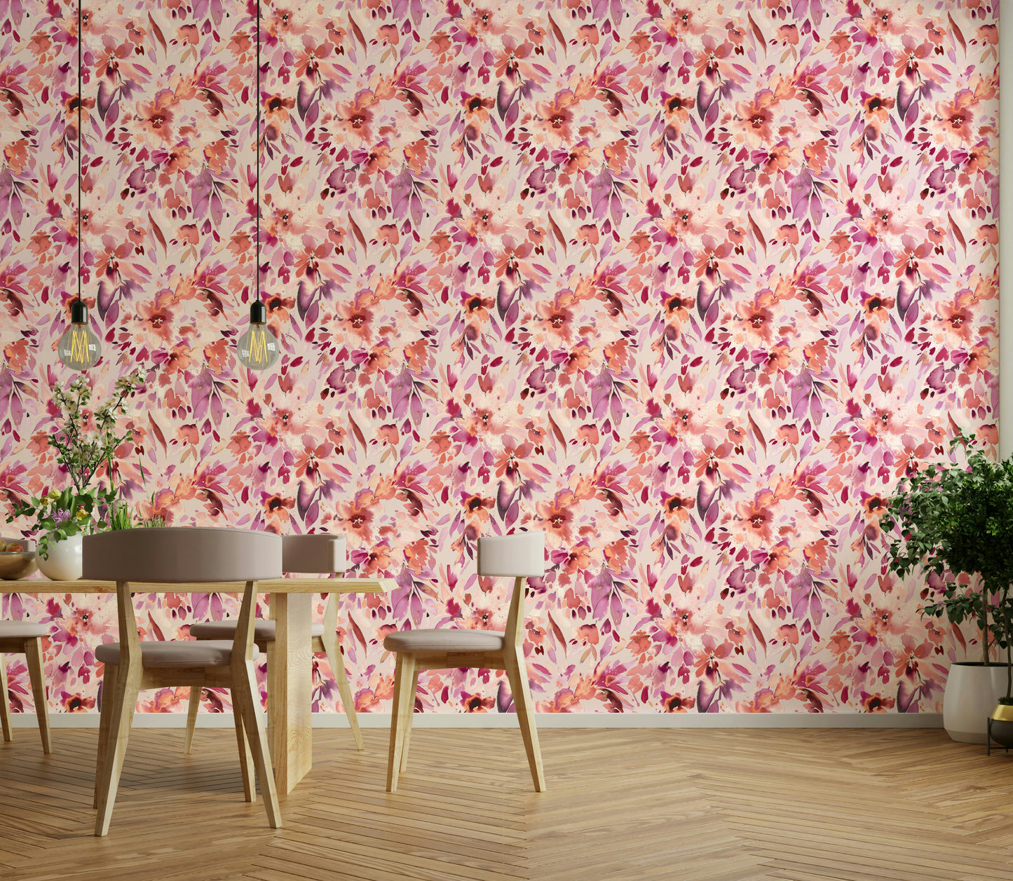 Blush-toned floral wallpaper for tropical themes

