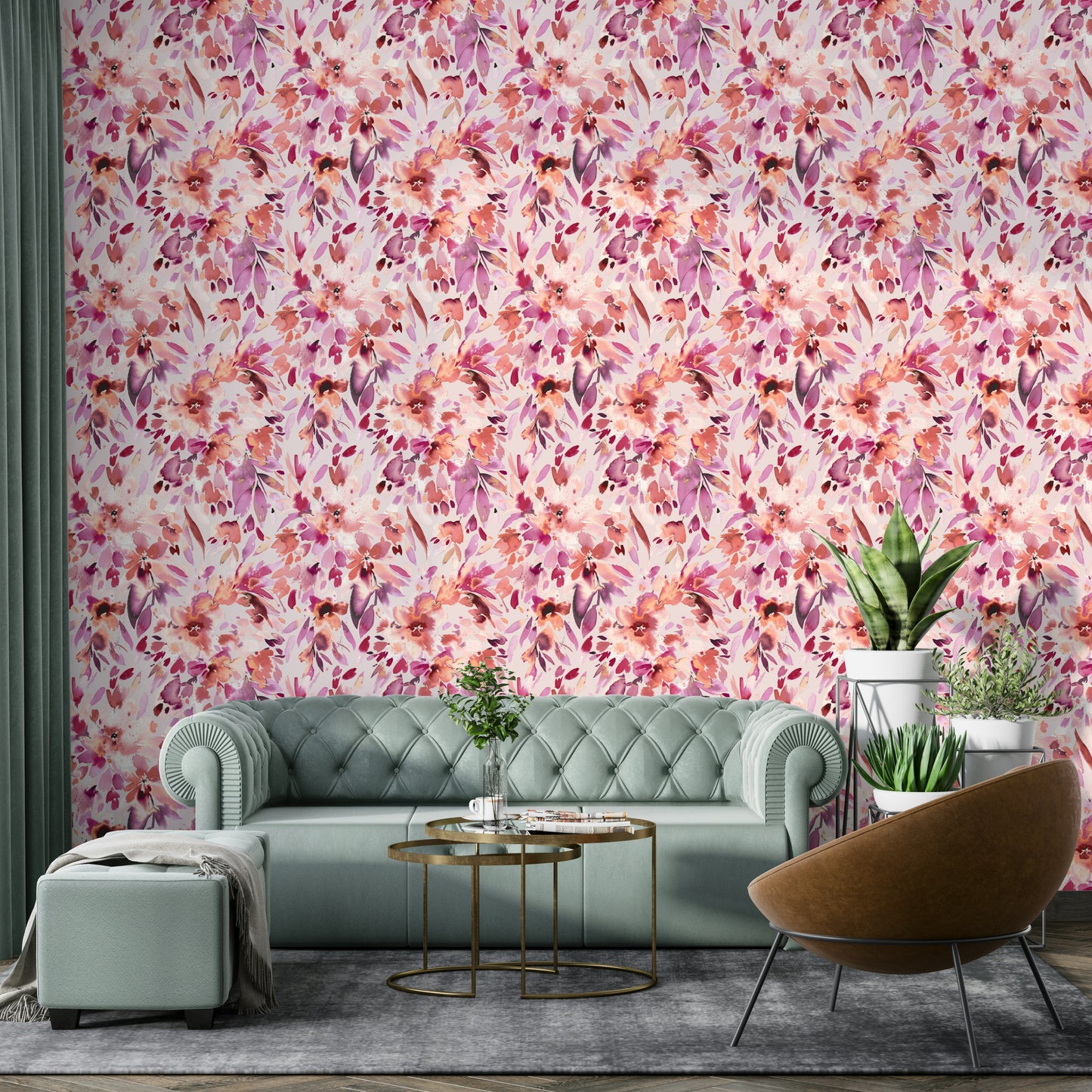Soft pink wallpaper with tropical flower pattern

