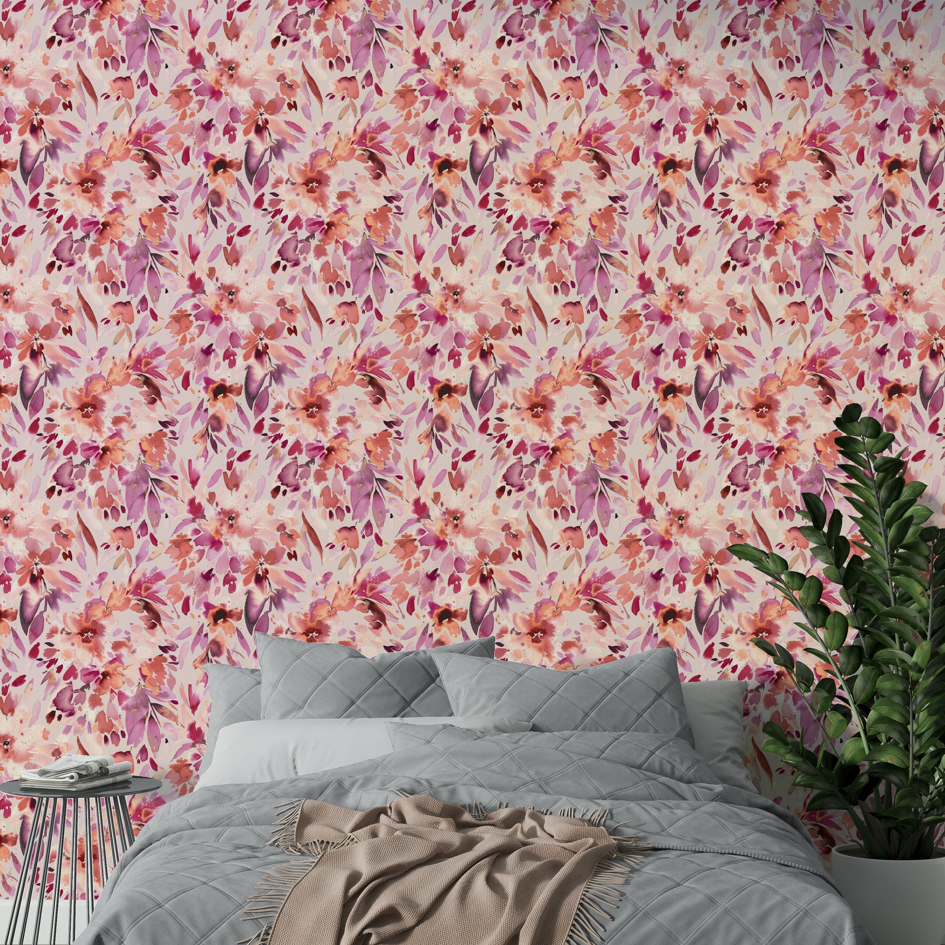 Botanical tropical wallpaper in blush and coral tones

