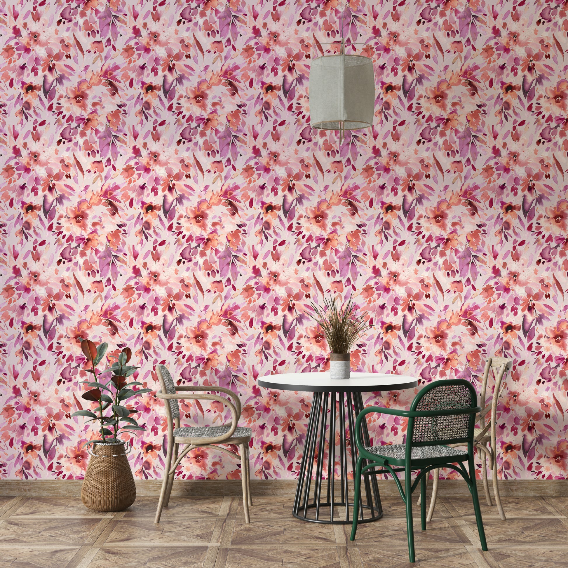 Artistic blush floral print on tropical wallpaper

