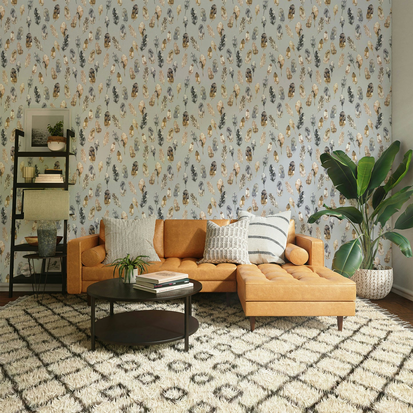 Bohemian feather print wallpaper with metallic hues

