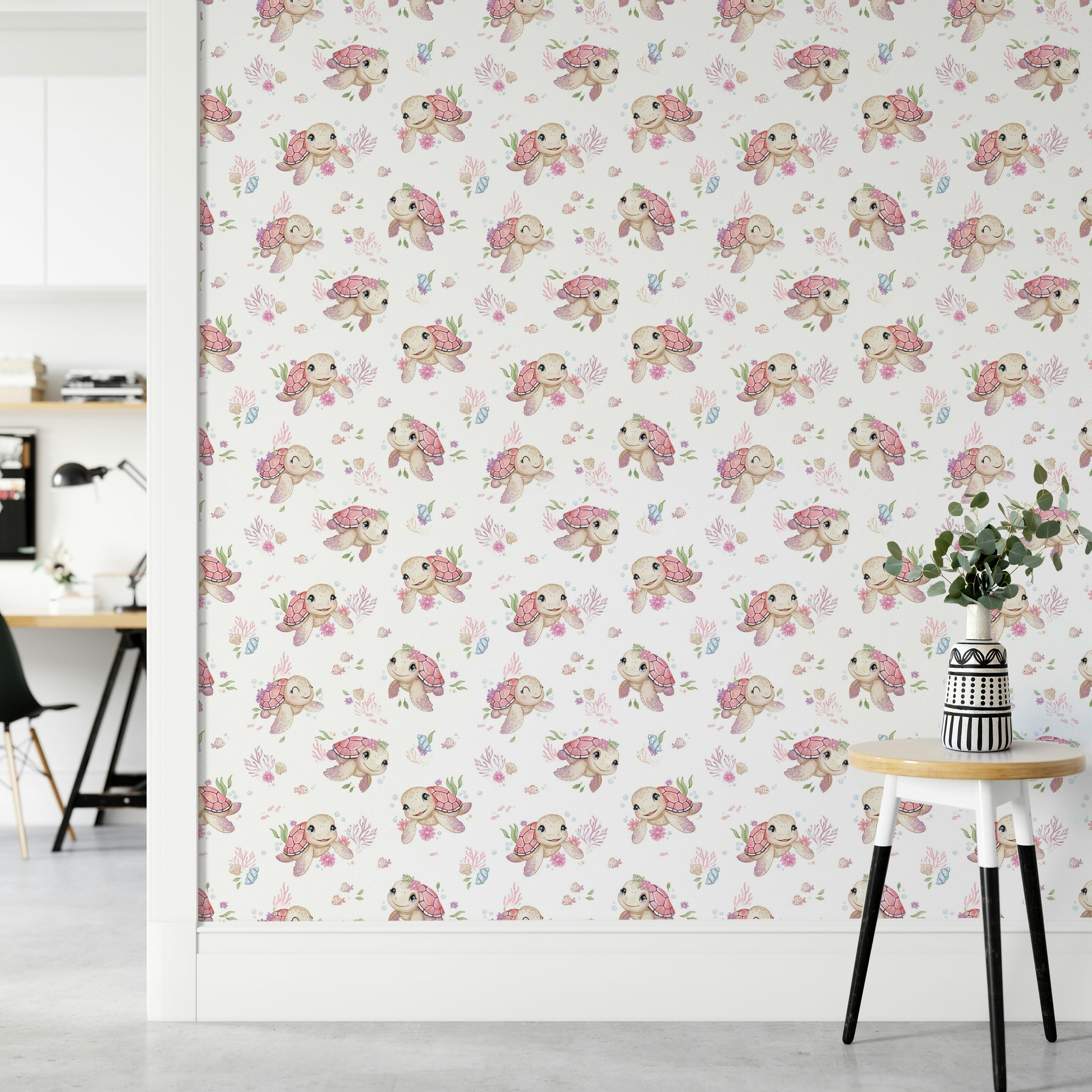 Baby turtles swimming on a light blue background

