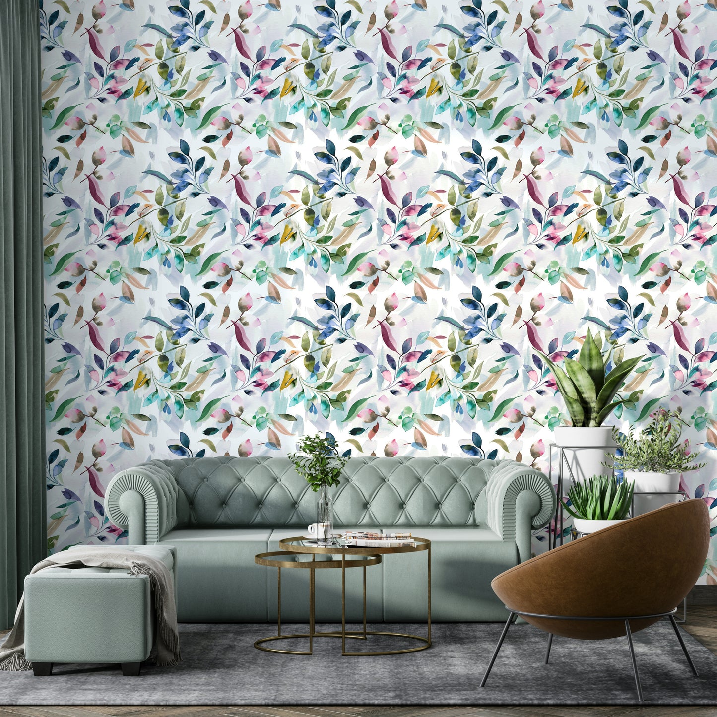 Nature-inspired watercolor leaf wall pattern

