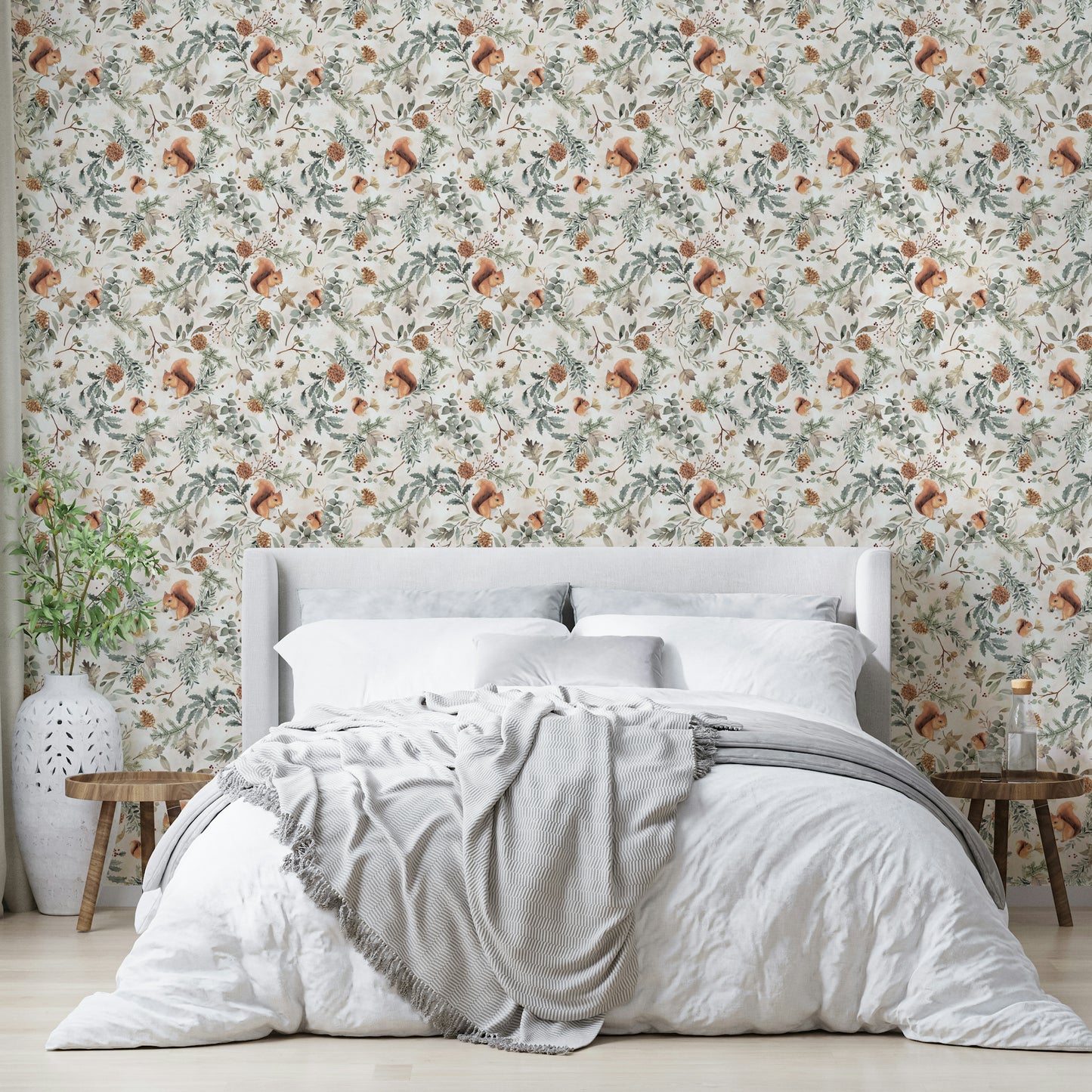 Soft neutral leaf prints on rustic-style wallpaper

