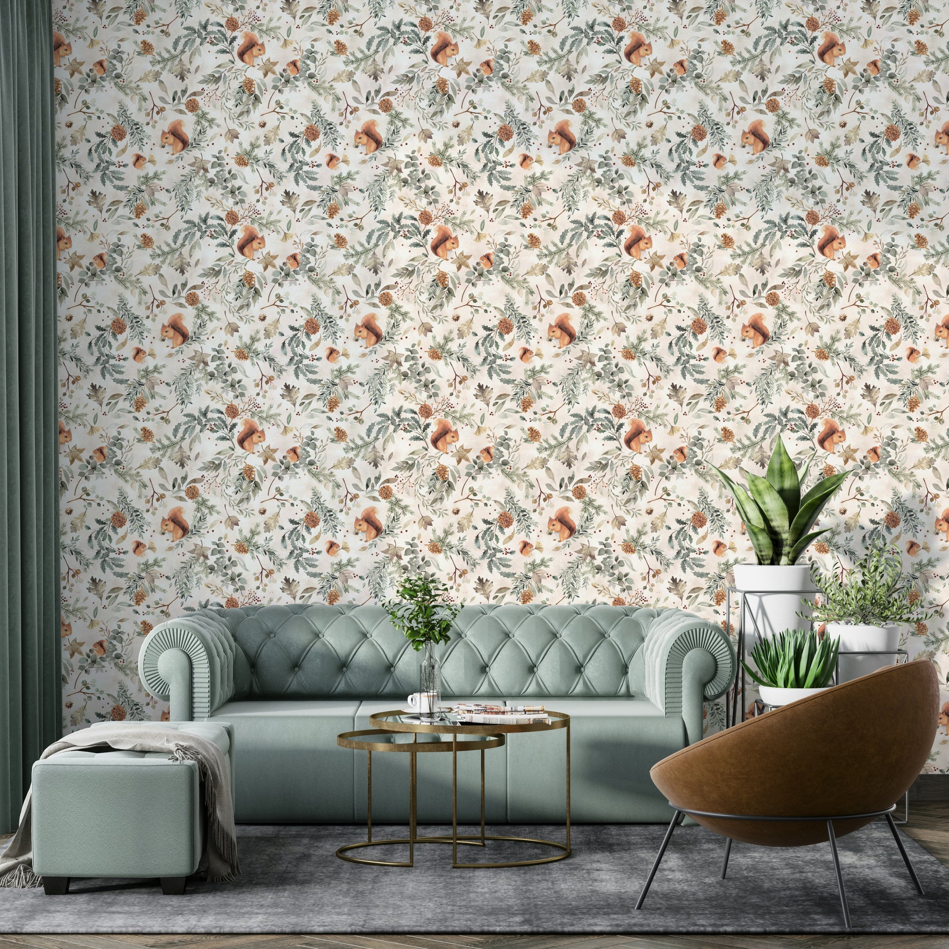 Living room styled with botanical leaves wallpaper

