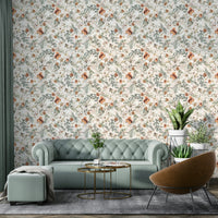 Living room styled with botanical leaves wallpaper

