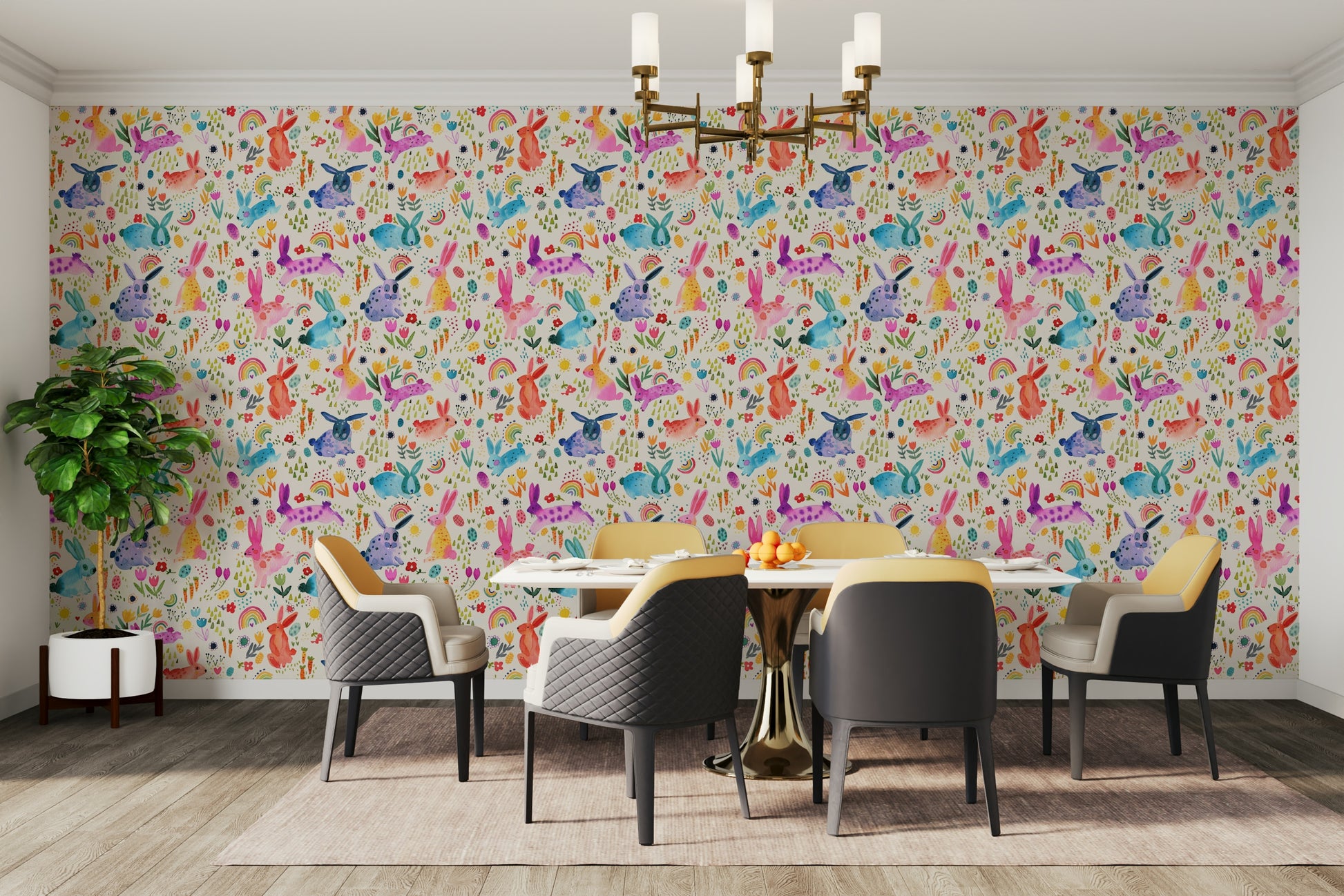 Playroom décor with playful rabbit meadow wallpaper

