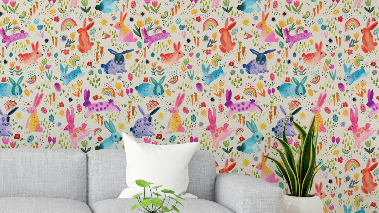 Easter bunny wallpaper with rabbits in a meadow


