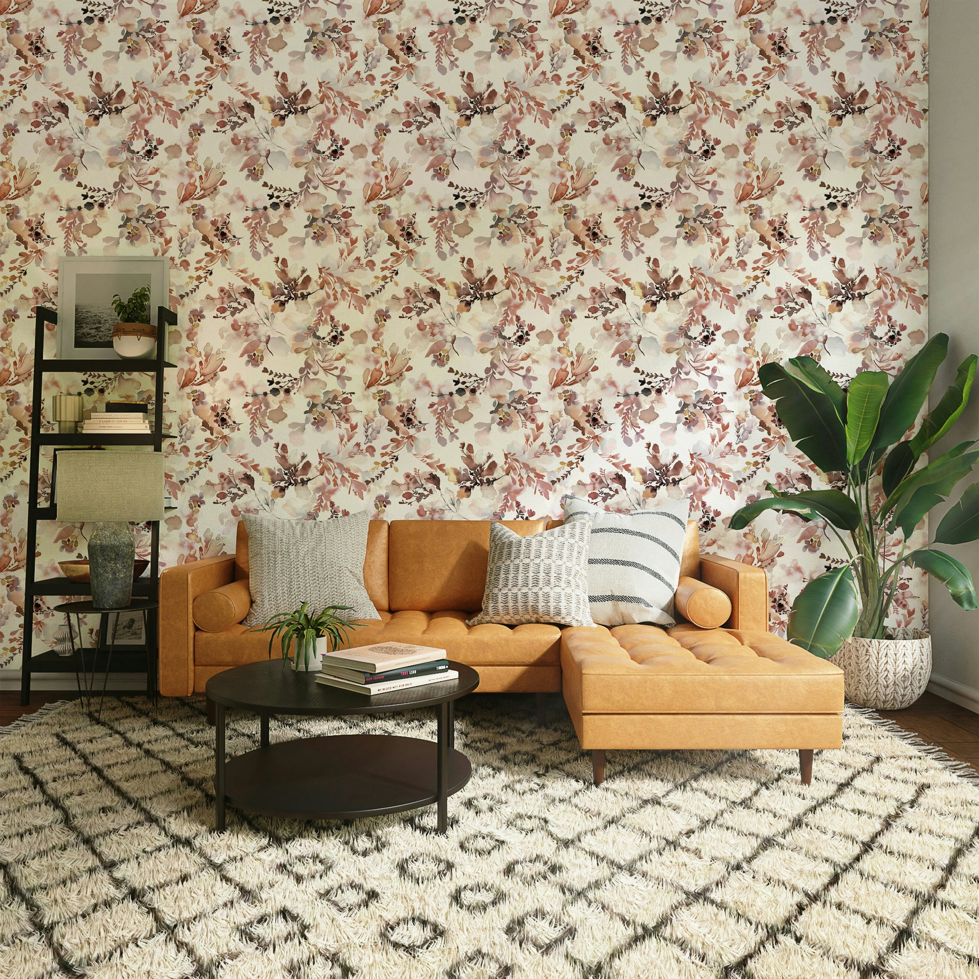 Artistic terracotta wallpaper with floral print

