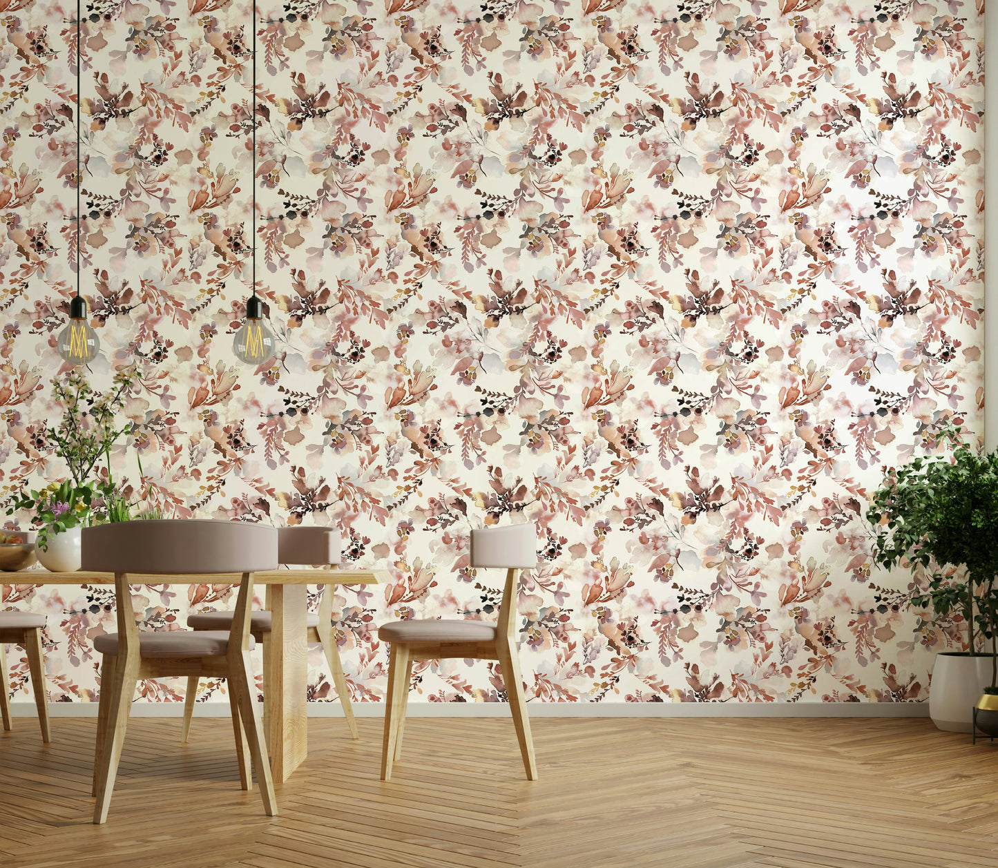 Watercolor floral design on rustic terracotta wallpaper

