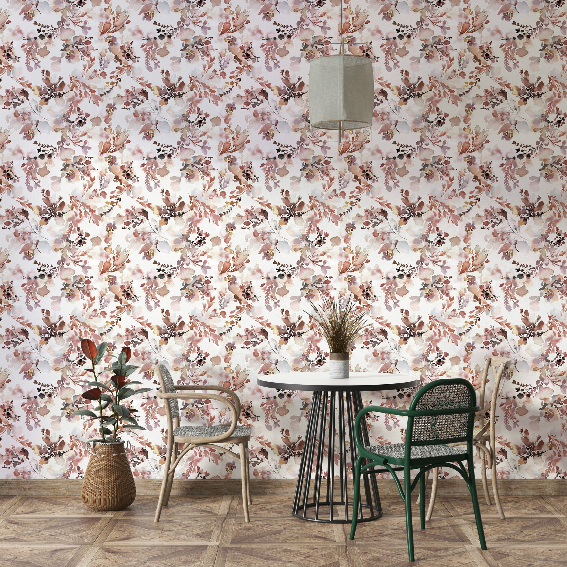 Oriental floral wallpaper in terracotta tones

