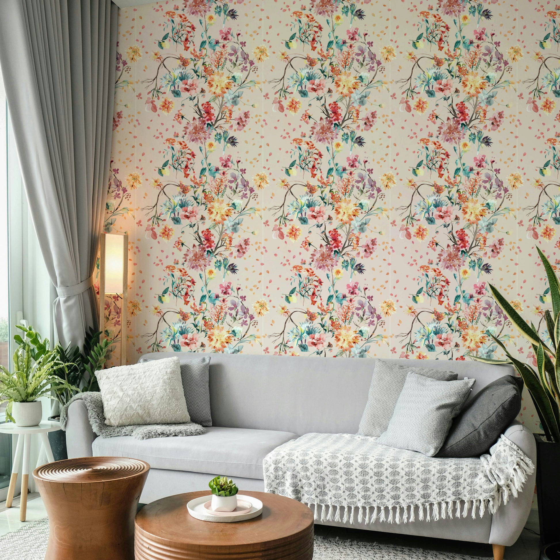 Hand-painted chinoiserie flowers on wallpaper

