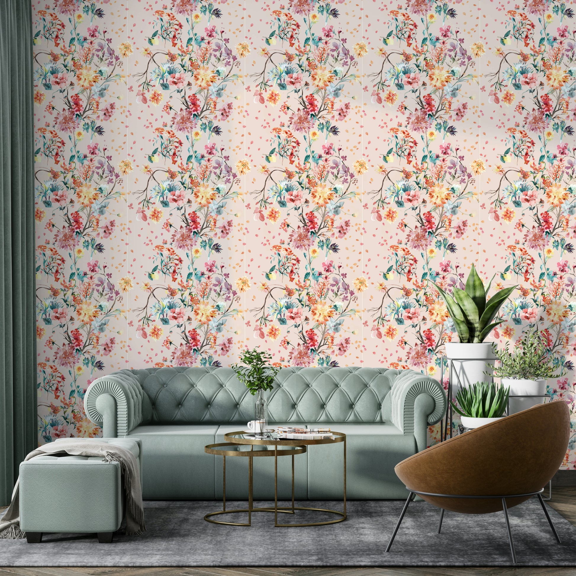 Chinoiserie botanical wallpaper with flowers

