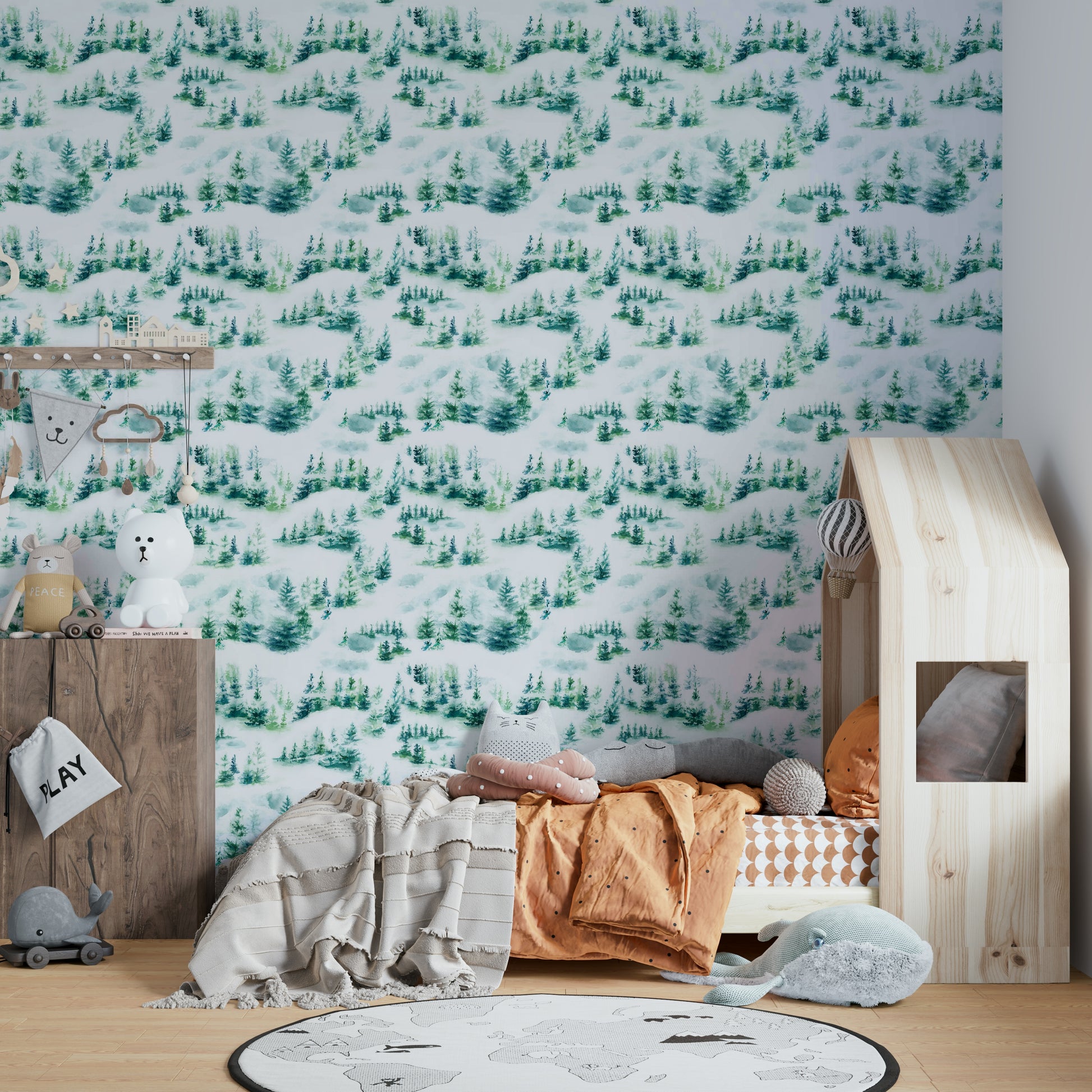 Timeless snow tree design on green wall decor

