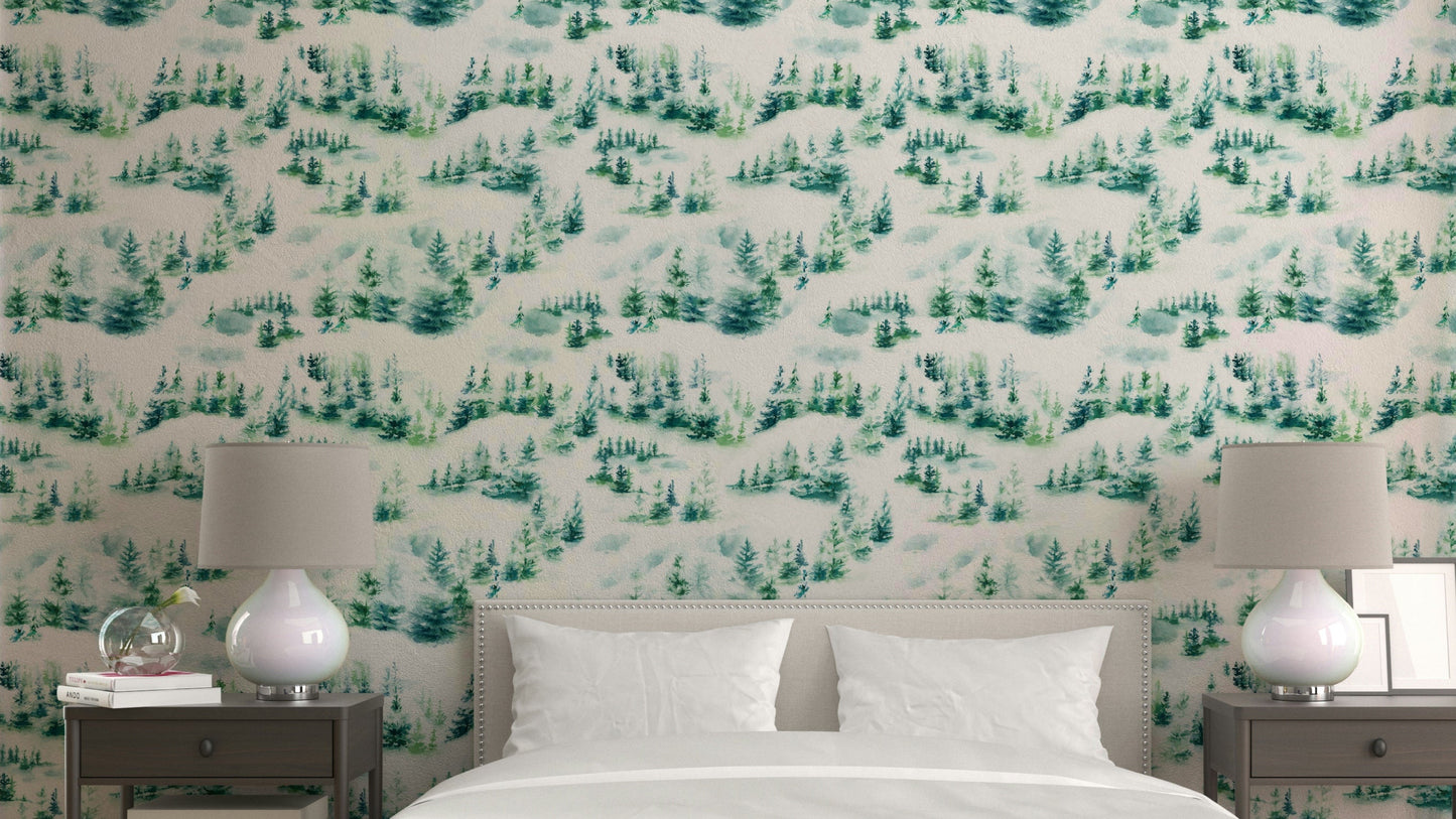 Vintage green wallpaper with classic snow trees

