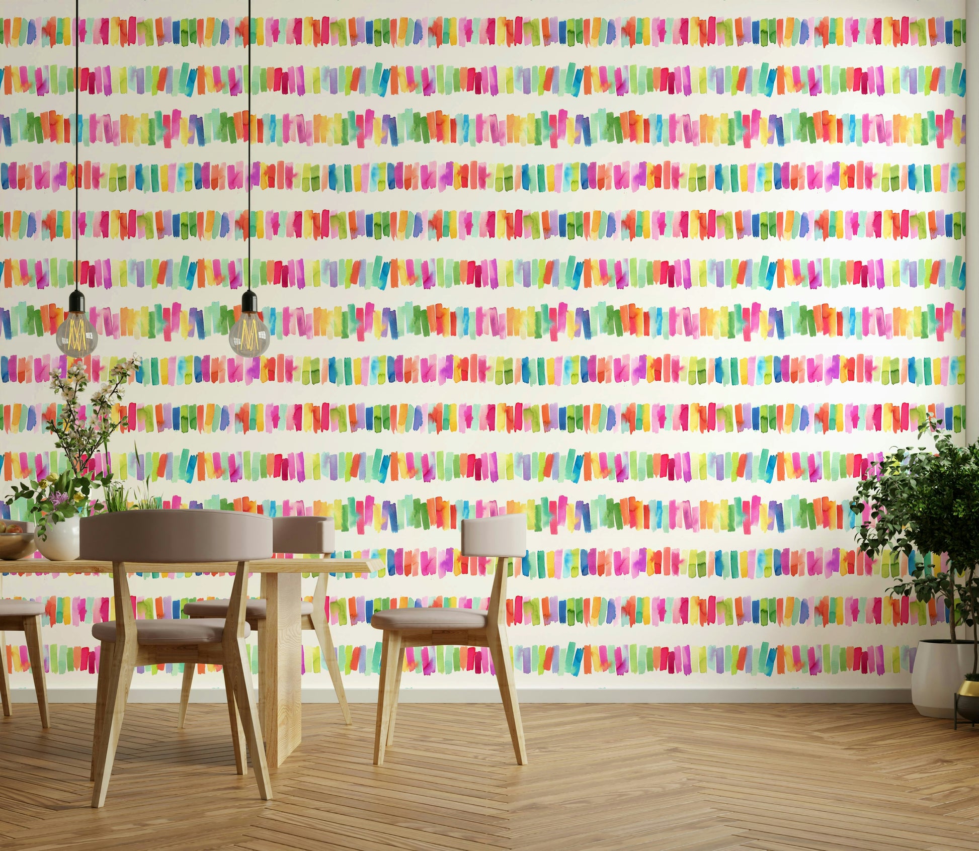 Hand-painted rainbow brushstroke wallpaper design


