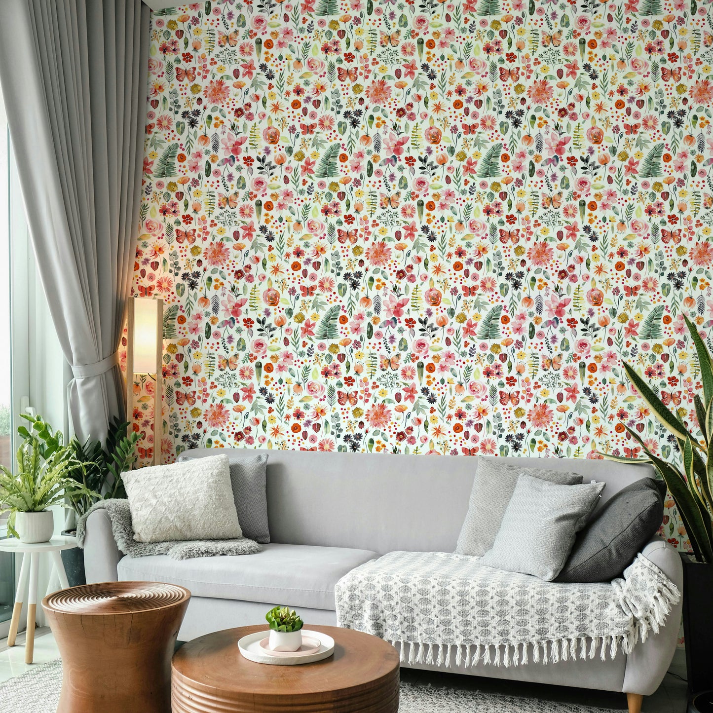 Botanical-themed wallpaper in bold coral hues

