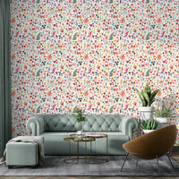 Vibrant coral wallpaper with tropical plant motifs

