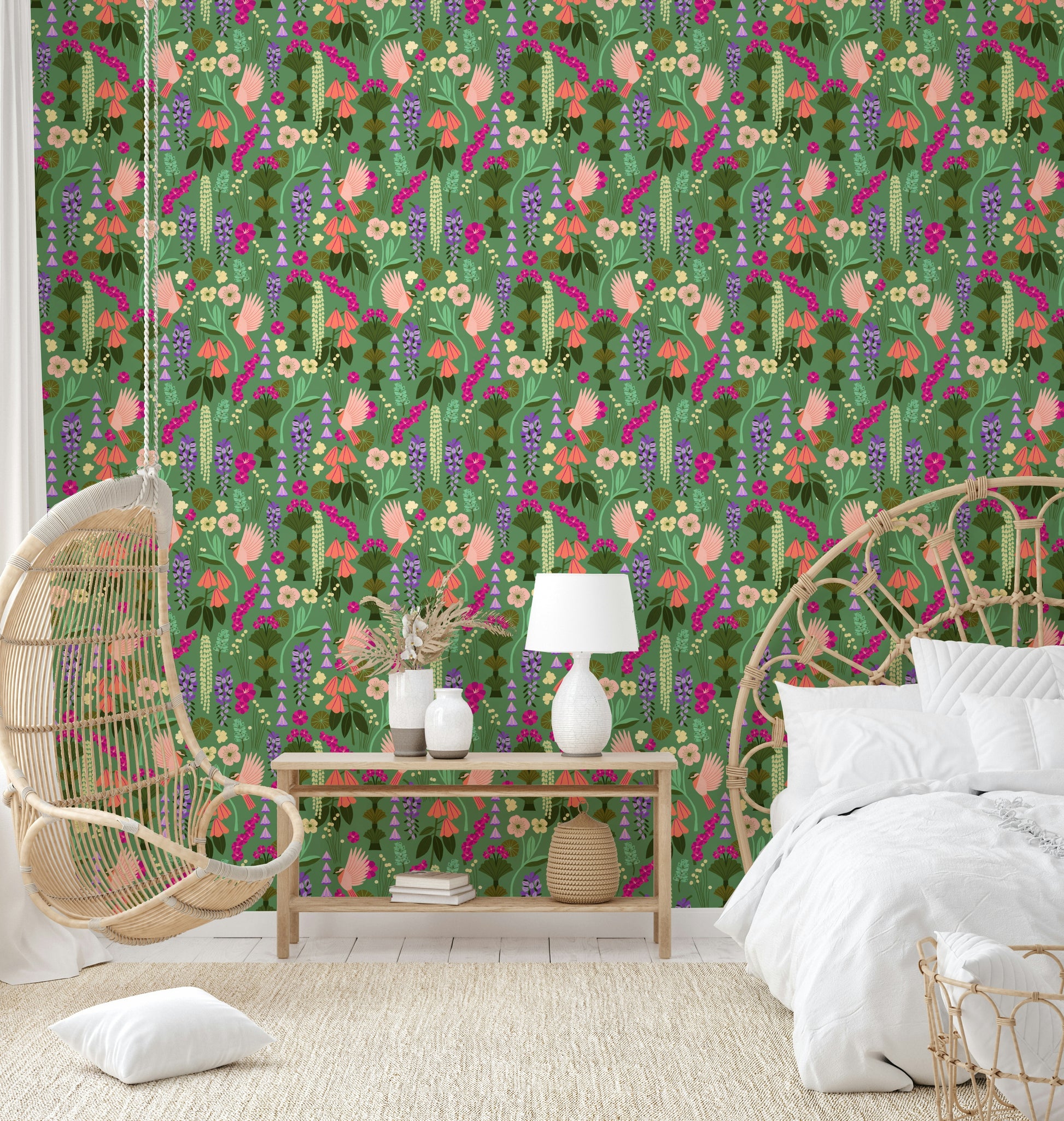 Vintage-inspired wallpaper with bird and flower prints

