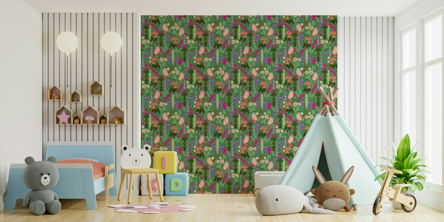 Botanical wallpaper featuring birds and full blooms

