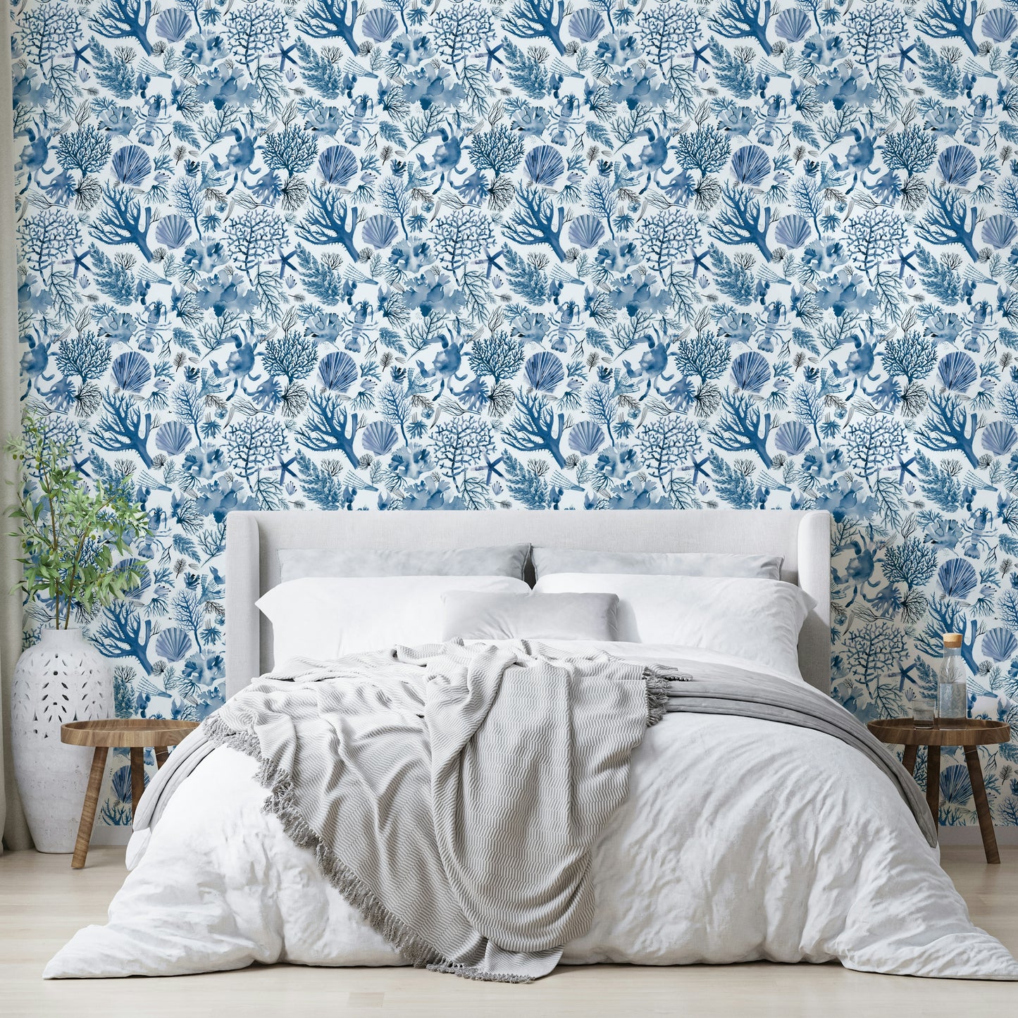 Coastal wallpaper design with marine life details

