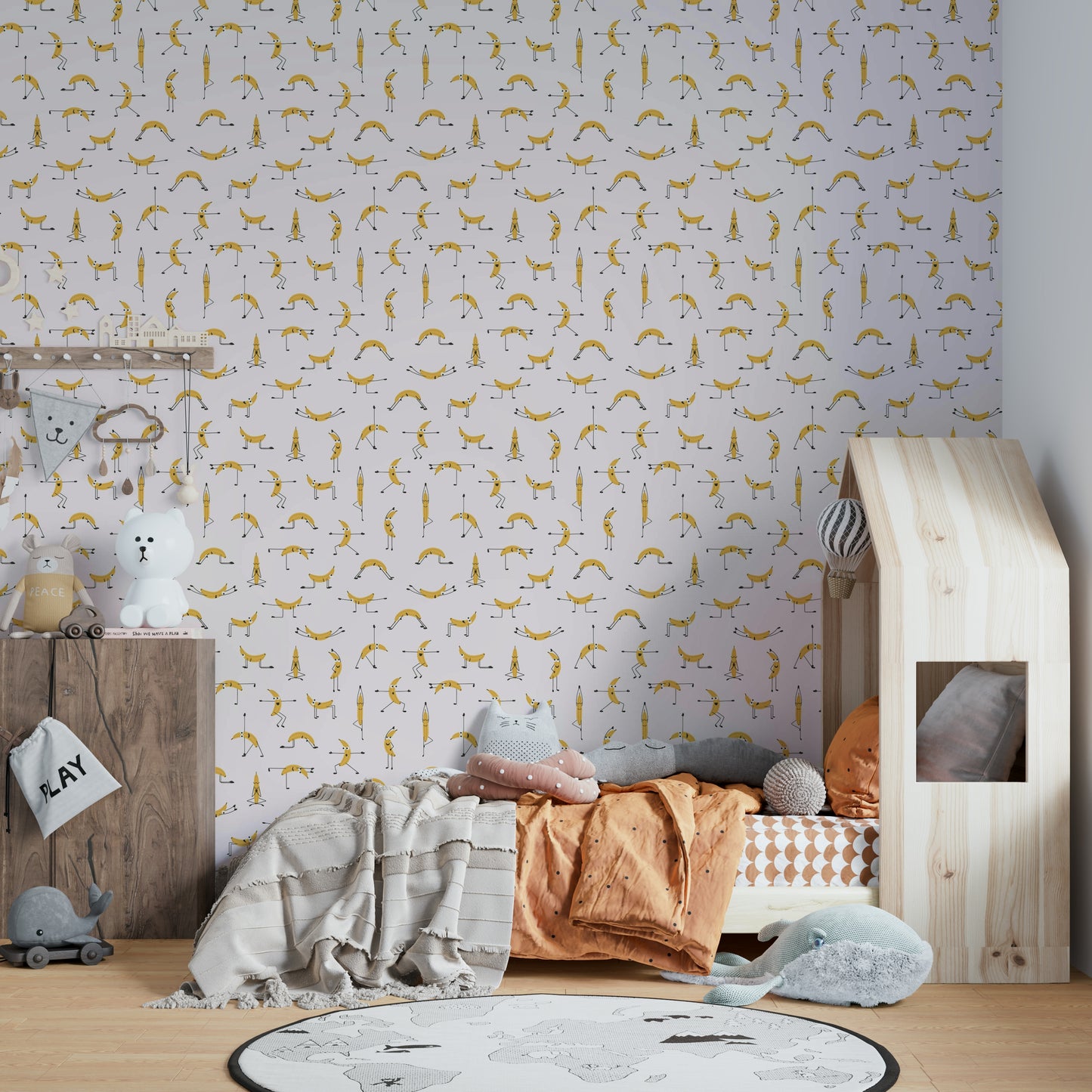 Banana yoga-themed wallpaper with playful design

