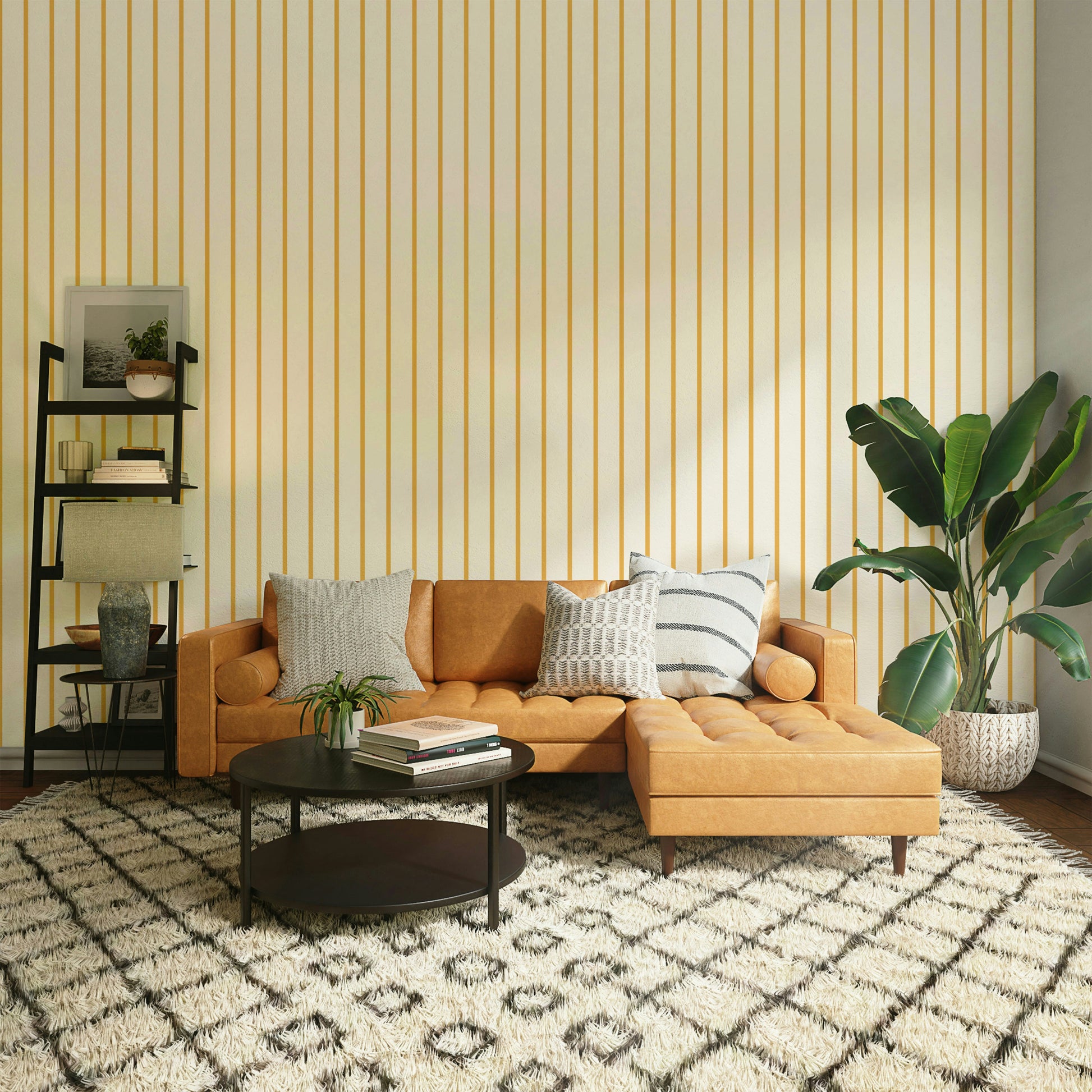 Yellow striped wall creating height in small space

