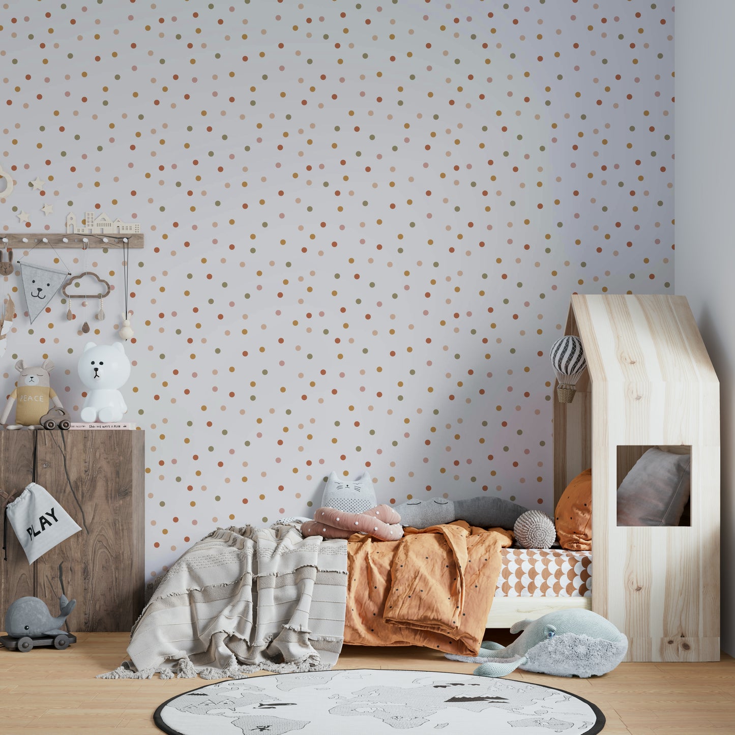 Neutral boho wallpaper featuring trees and dots

