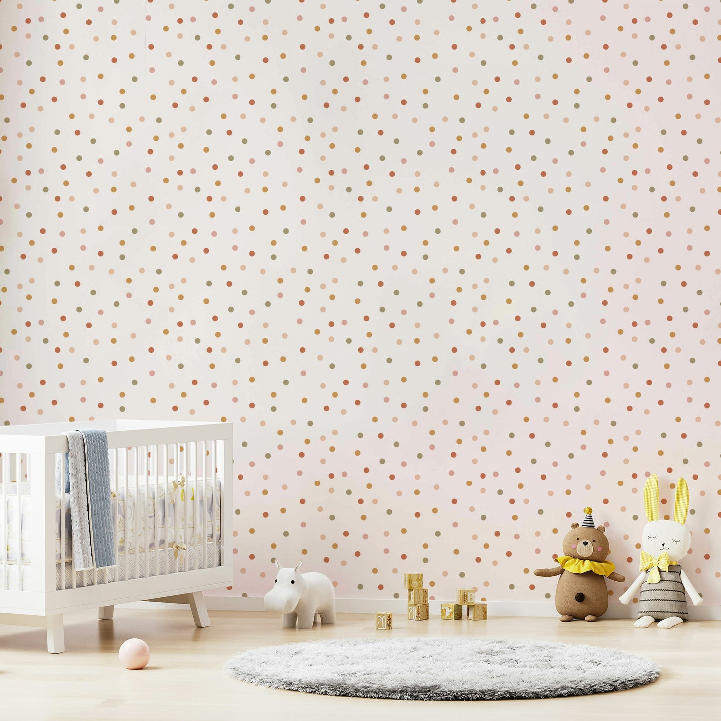 Boho kids’ room with confetti forest mural wallpaper

