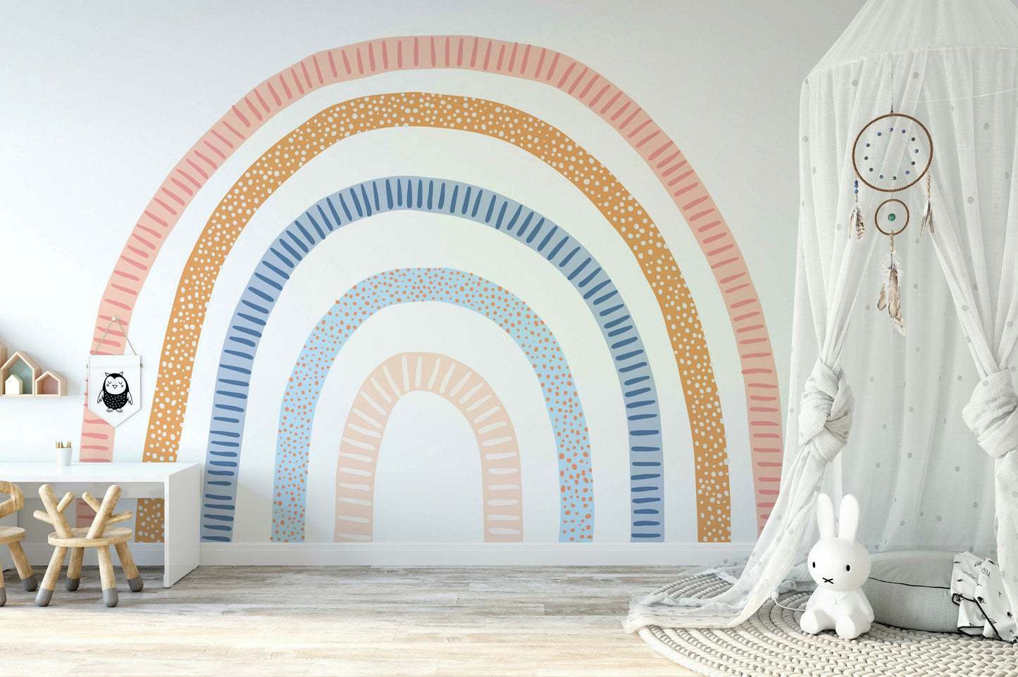 Artistic rainbow wall design perfect for creative interiors

