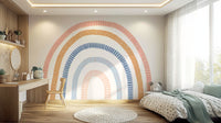 Statement wall with abstract rainbow mural graphics

