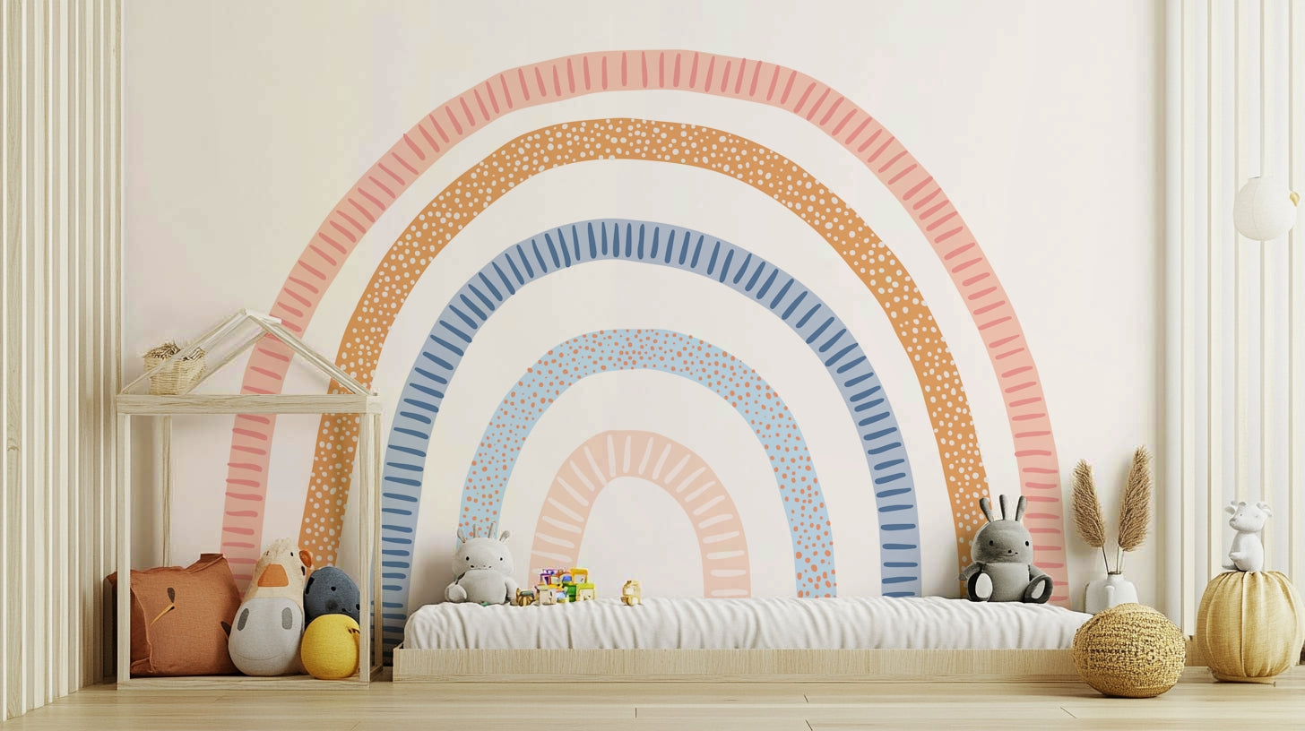 Colorful wall mural with rainbow stripes and artistic flair

