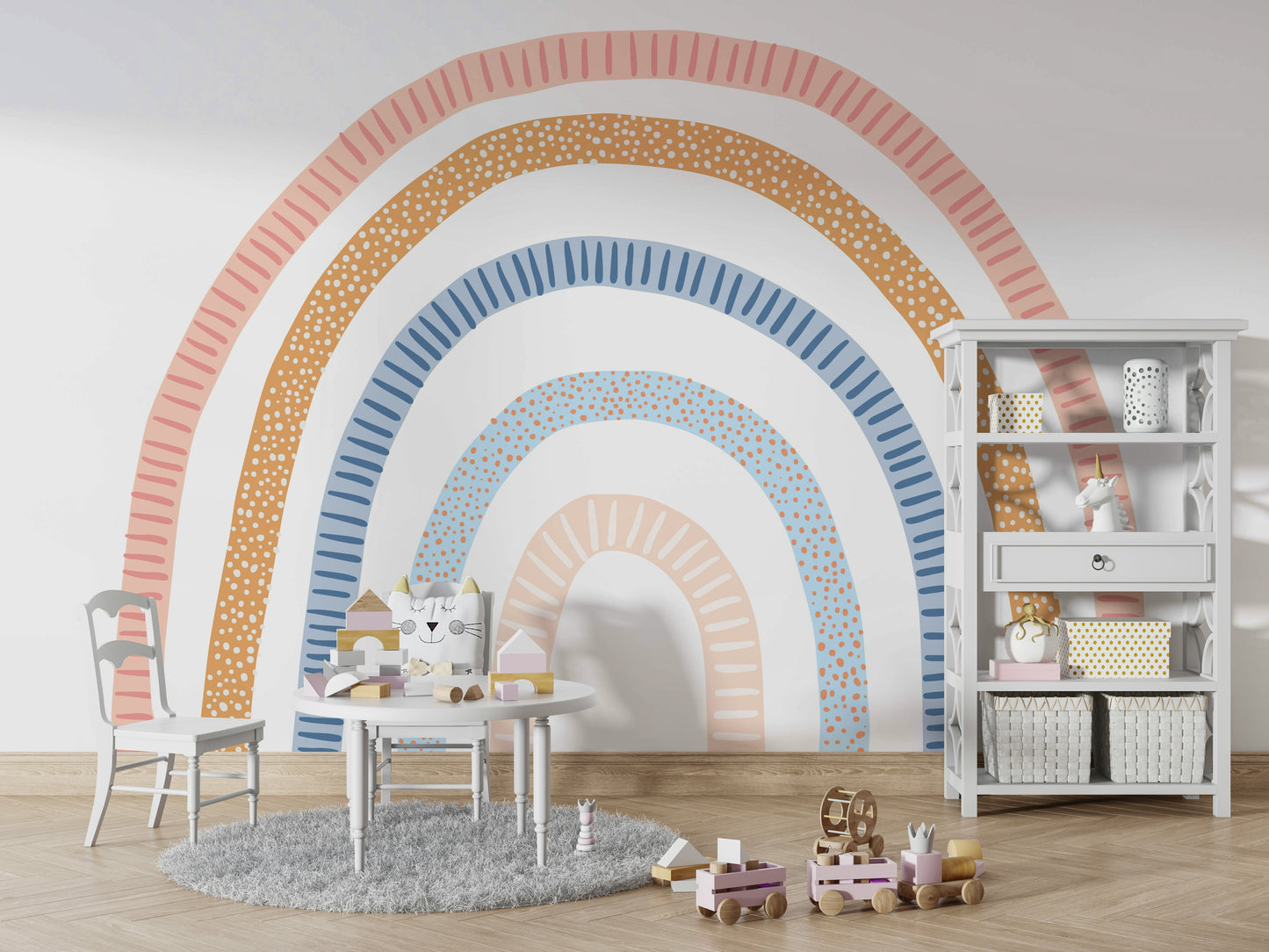 Kids’ playroom with a bold, modern rainbow wallpaper

