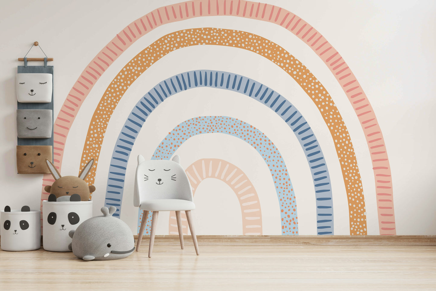 Contemporary rainbow mural enhancing a minimalist space


