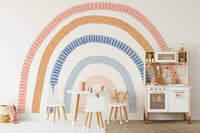 Modern rainbow wall mural in a bright living room

