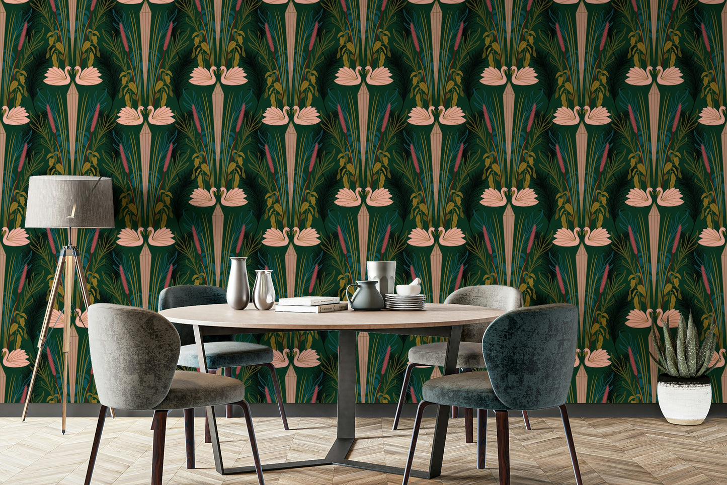 Art Deco wallpaper with symmetrical swan motifs

